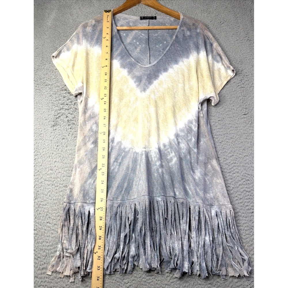 T Party Top Dress Womens Size Large Tie Dyed Gray White Yellow Fringed Tunic - Picture 2 of 8